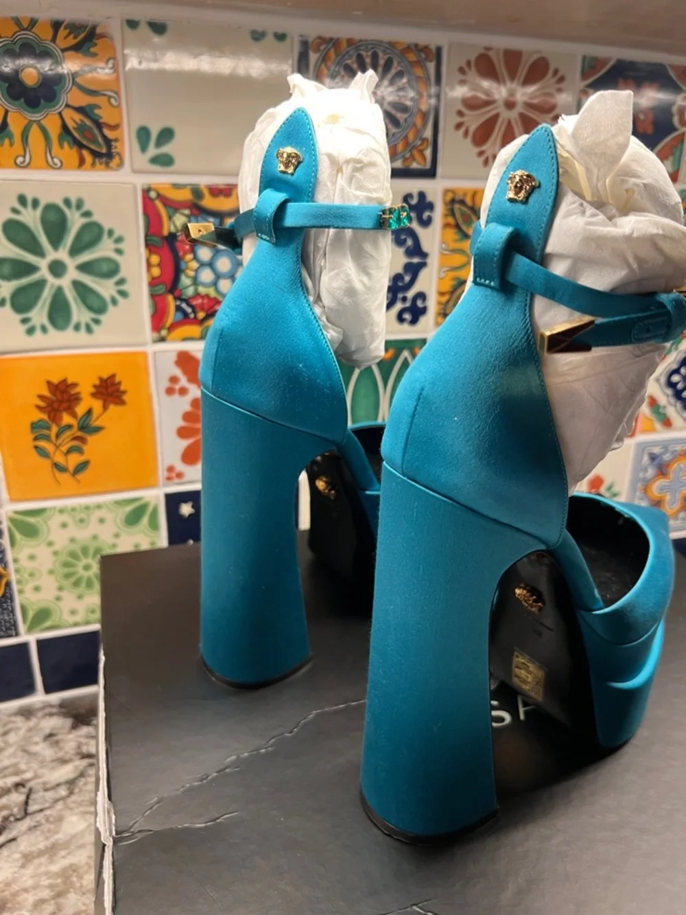 Versace Turquoise Blue Platform High Heels with Jeweled Ankle Strap
